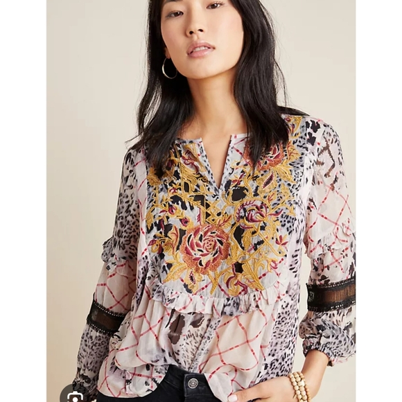 ANTHROPOLOGIE MATHILDA BOHO EMBROIDERED TOP BLOUSE EUC SIZE XS - Picture 1 of 9
